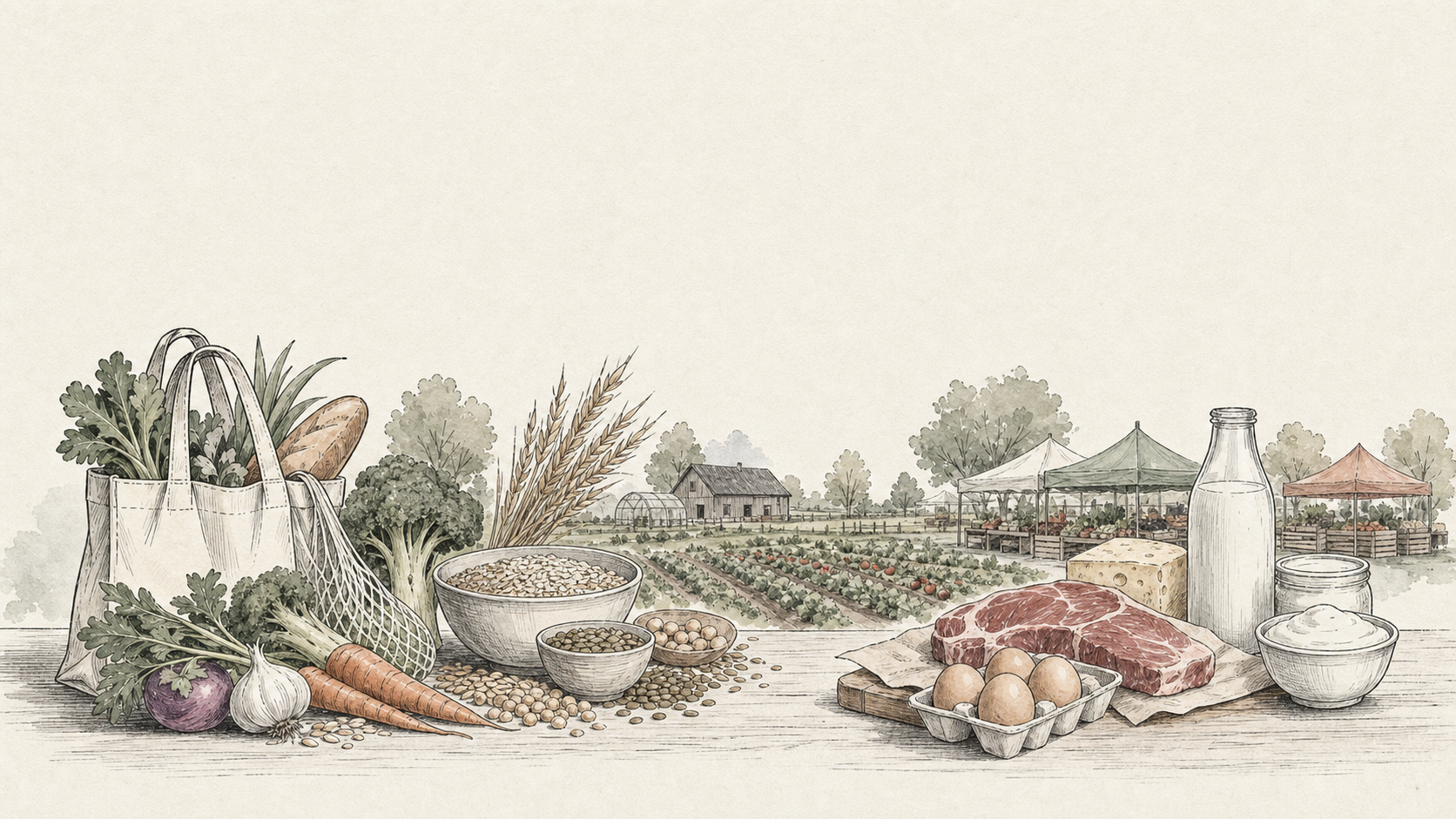Hand-drawn comparison of vegetables, grains, meat, dairy and local farming