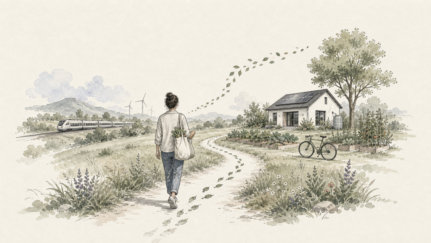 Hand-drawn path toward a lower-impact home, garden, bicycle and train